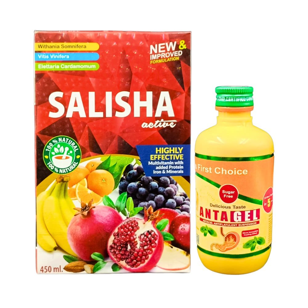 Ayurvedic salisha active & sugar free antagel (Combo Pack) Ayurvedic salisha active & sugar free antagel for anorexia, nutritional deficiency, physical strength, loss of weakness, stress reduces, dyspepsia, heartburn symptoms, diarrhea, ulcer, constipation,