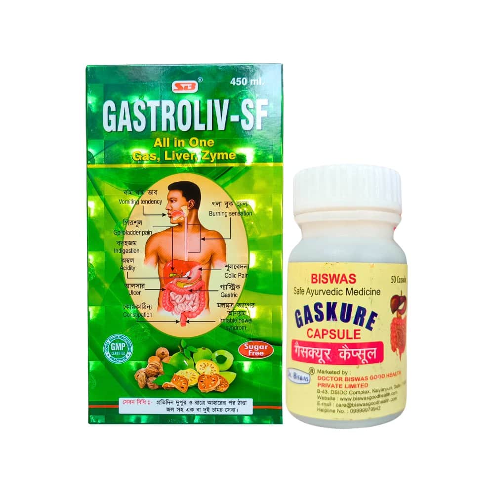 Gastroliv-SF Syrup & Gaskure Capsule (Combo Pack) 4 Buy Gastroliv-sf syrup & gaskure capsule for vomiting tendency, gallbladder pain, burning sensation, colic pain, hyper-acidity, epigastric pain, flatulence